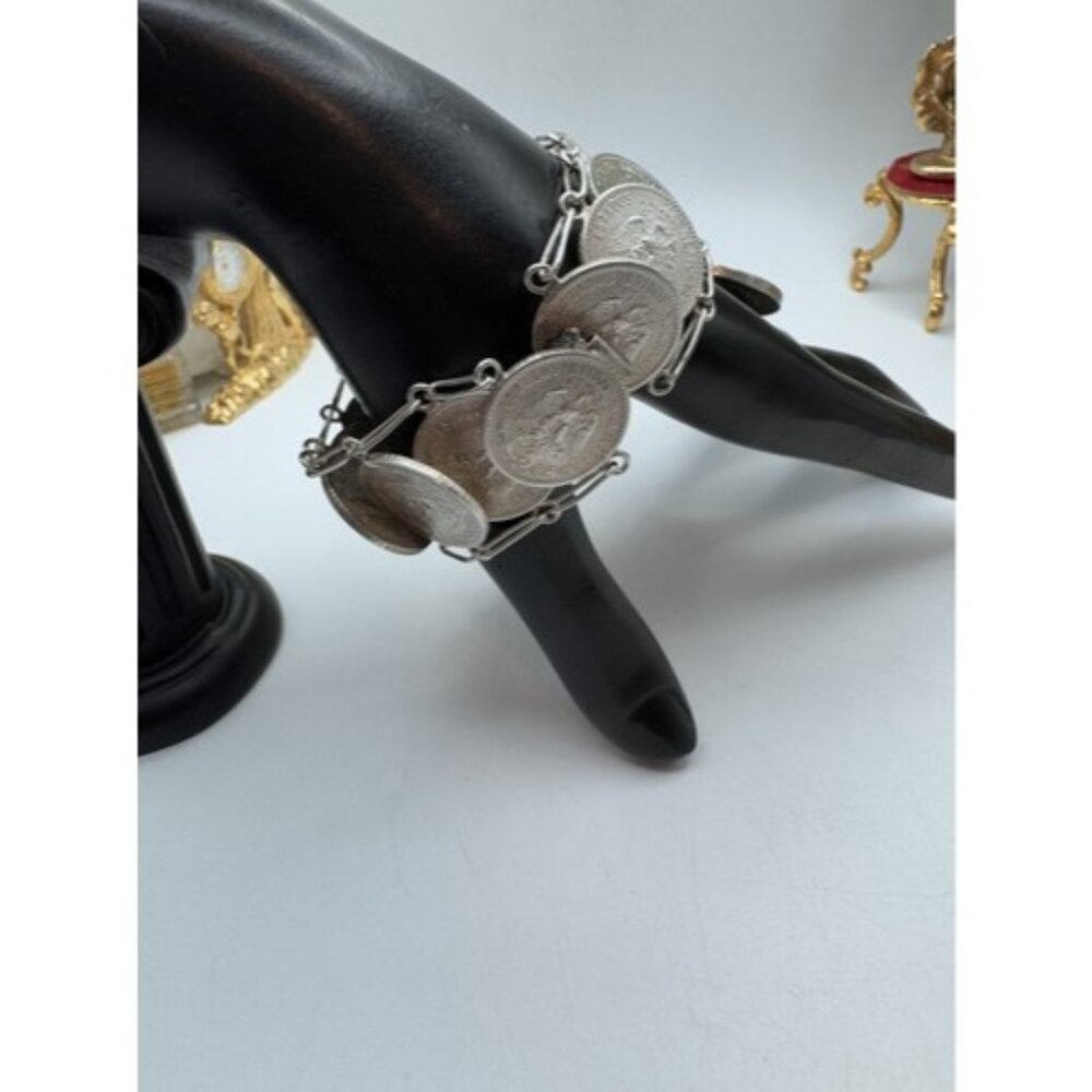 Vintage Mexican Coin Bracelet Solid Silver Unique Collectible Jewelry From 40s - Picture 3 of 16
